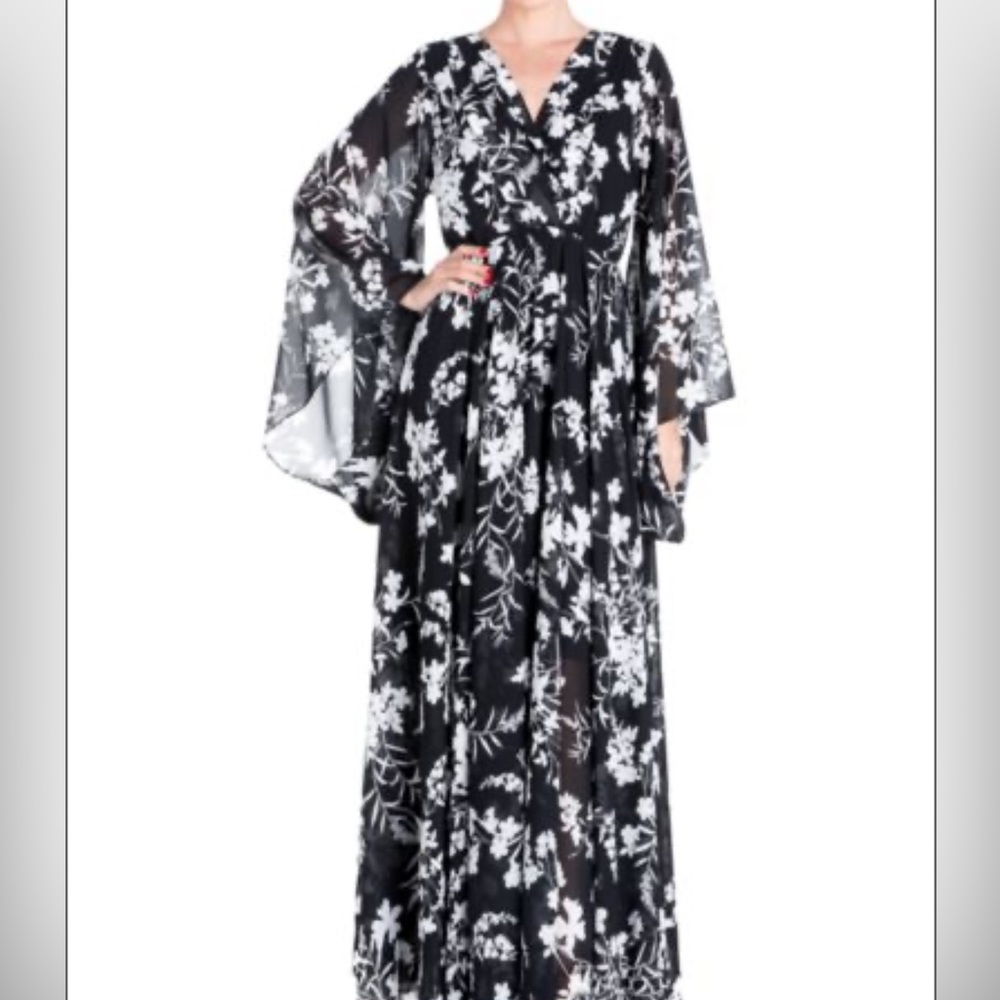 Meghan LA Sunset Surplice Floral Chiffon Maxi Dress in Dahlia Black - Size Large